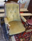 A Victorian mahogany upholstered open armchair, width 65cm, depth 70cm, height 94cm