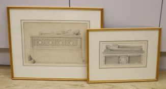 19th century English School, two watercolours en grisaille, Studies of tombs, 13 x 25cm and 24 x