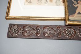 A pair of Aesthetic period relief carved mahogany panels with stylised floral designs, 43 x 5cm, a