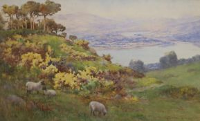 Warren Williams (1863-1941), watercolour, Sheep on a headland overlooking a river landscape, signed,