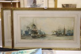 J. Longstaffe, pair of watercolours, Shipping on the Pool of London, signed, 26 x 61cm
