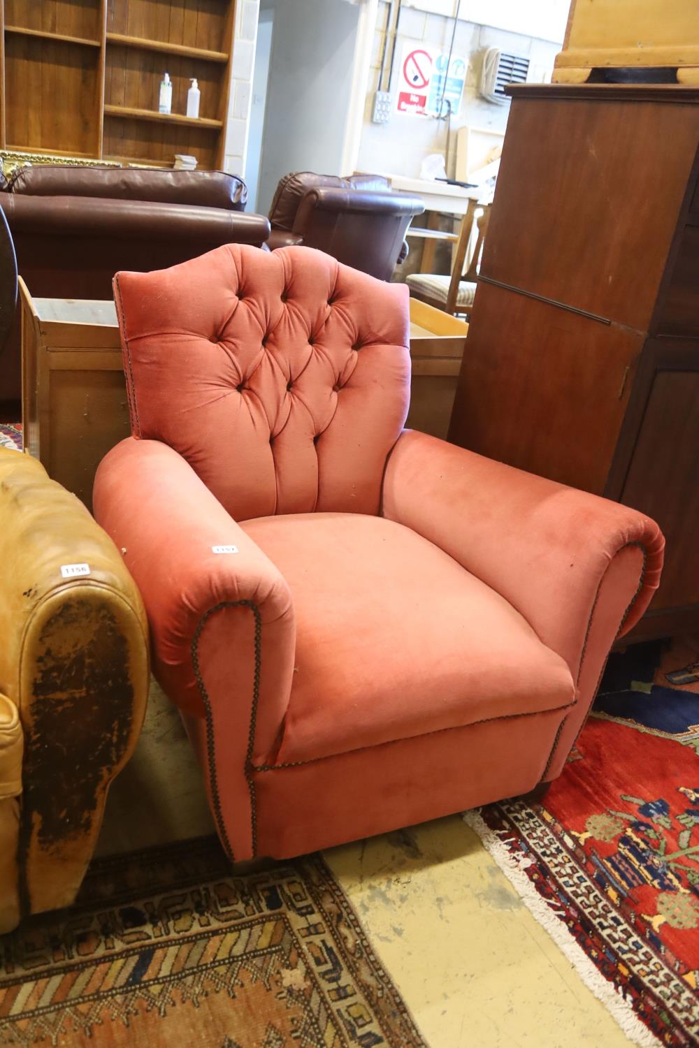 An early 20th century French armchair re-upholstered in pink dralon, width 86cm, depth 84cm, - Image 3 of 3