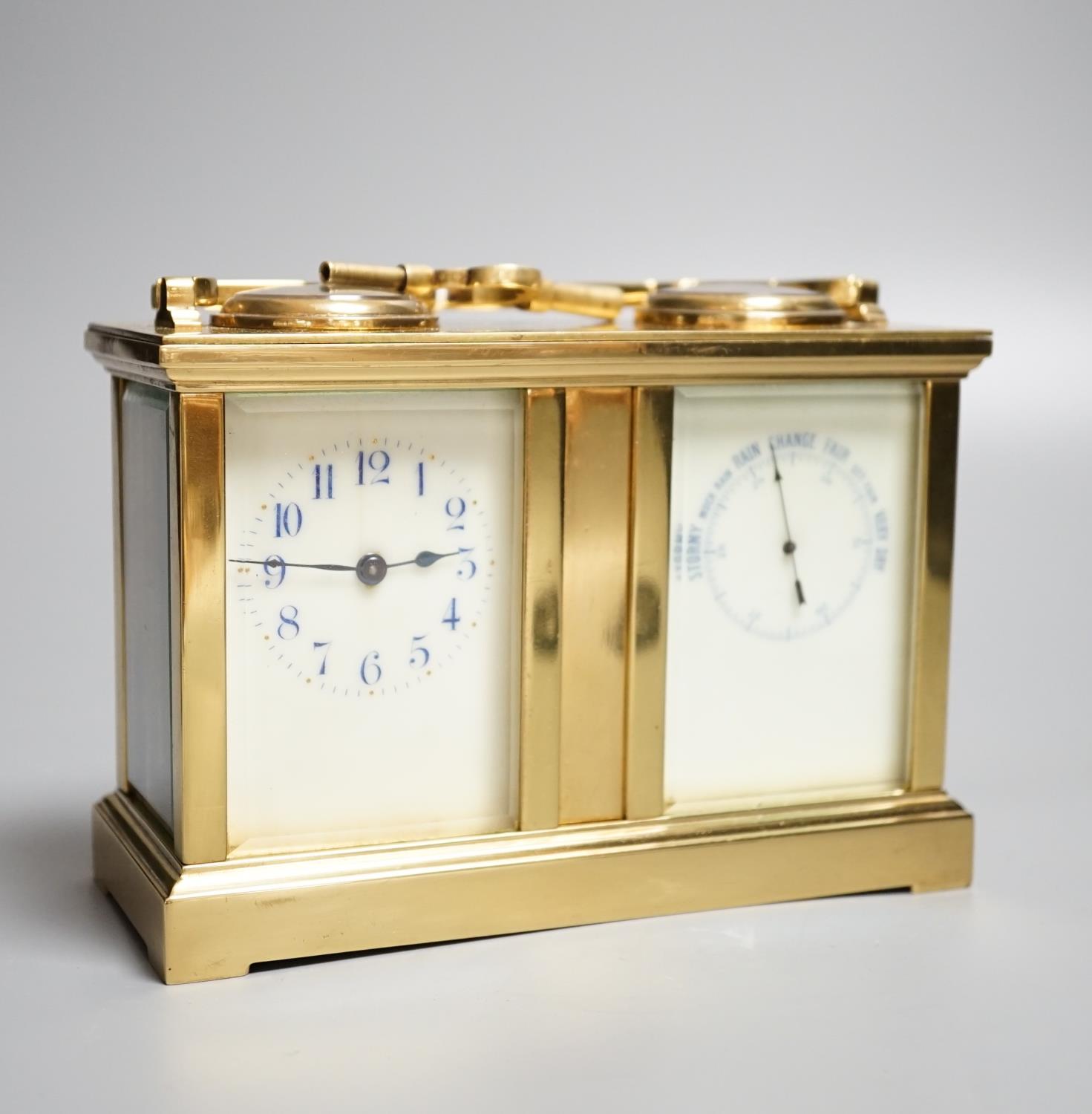 A late 19th century French brass cased eight day timepiece, combined barometer/compass, heighg 11cm - Image 2 of 7