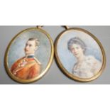 Two Edwardian portrait miniatures on ivory, one of a lady, the other an officer, height 8cm