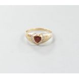 A 14k, hearts shaped paste and diamond chip set dress ring, size N/O, gross weight 2.1 grams.