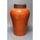 A large orange porcelain vase of shouldered form with applied iron cap 52cm