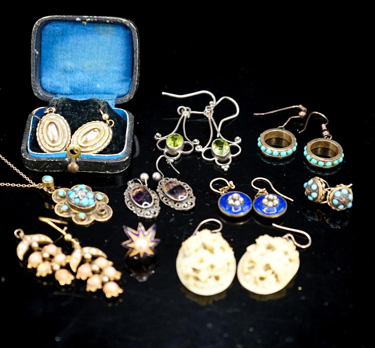 Eight assorted pairs of Victorian and later earrings including yellow metal and coral set, one odd - Image 2 of 11