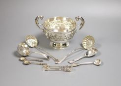 A George V silver Art Nouveau two handled bowl, Birmingham, 1912, height 11.3cm and seven items of