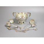 A George V silver Art Nouveau two handled bowl, Birmingham, 1912, height 11.3cm and seven items of