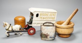 A miscellaneous collection comprising a painted cast iron Brooke Bond pony and cart, train items