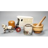 A miscellaneous collection comprising a painted cast iron Brooke Bond pony and cart, train items