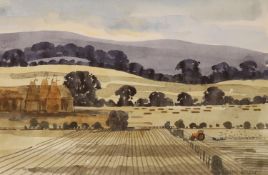 Robert Tavener (1920-2004), watercolour, 'Oast houses and cornfield', signed, with Bankside
