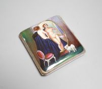 A Continental silver plated cigarette case, early 20th century, lid with erotic enamel scene of