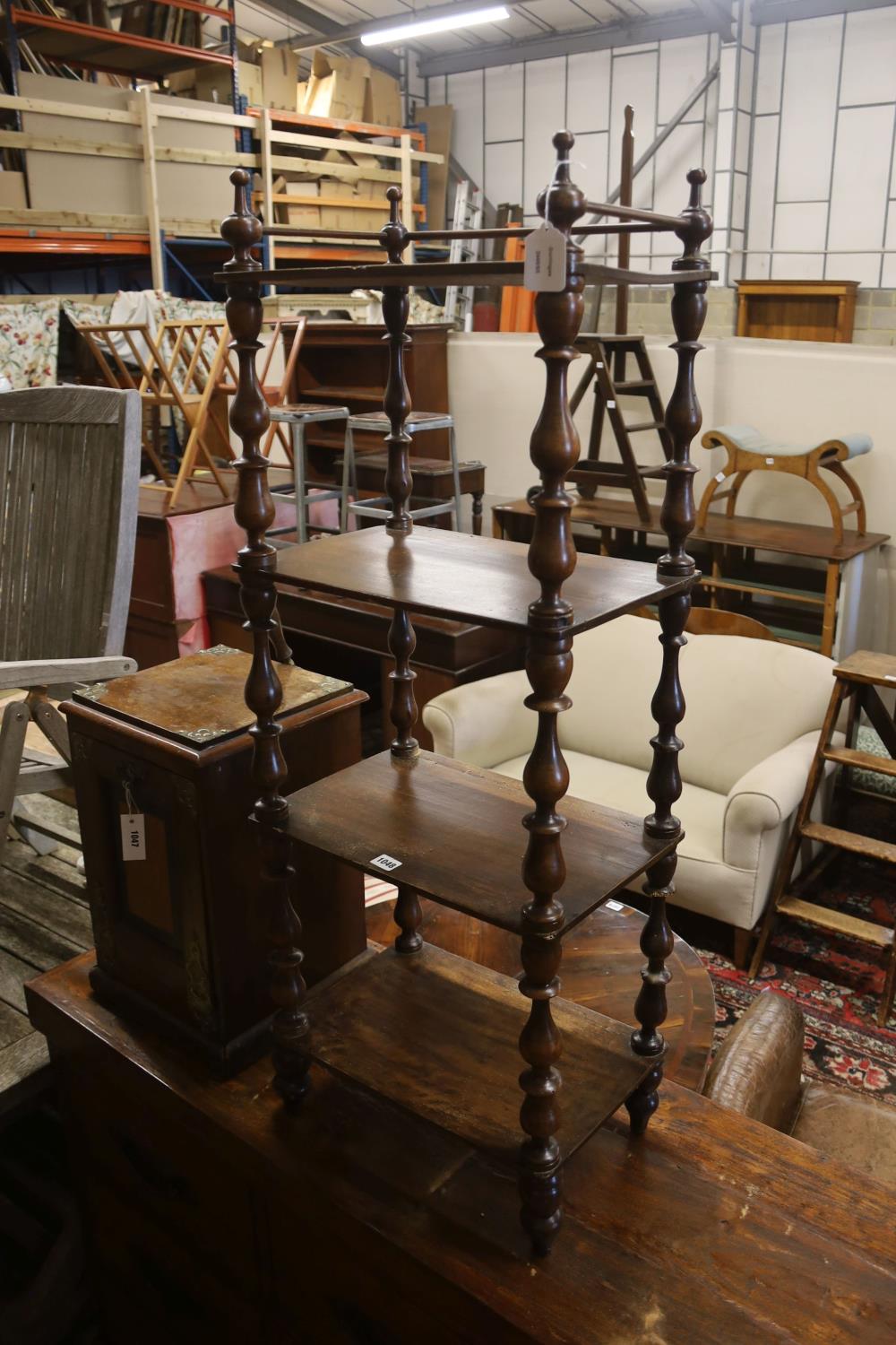 A Victorian mahogany walnut four-tier whatnot, (severely wormed) width 44cm, depth 30cm, height - Image 2 of 4