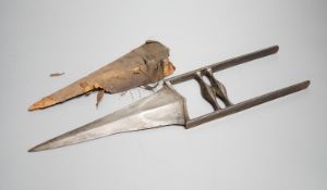 An Indian dagger katar c.1800, swollen blade, hilt retains traces of koftgari decoration, in its
