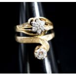 A modern 14k and solitaire diamond ring, size O/P and one other 14k and diamond cluster ring,