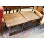 A pair of square hardwood two tier low tables, width 61cm, height 50cm