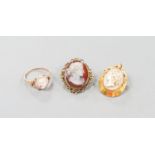 Two yellow metal and cameo set oval brooches, shell and hardstone cameo brooches and a 9ct cameo