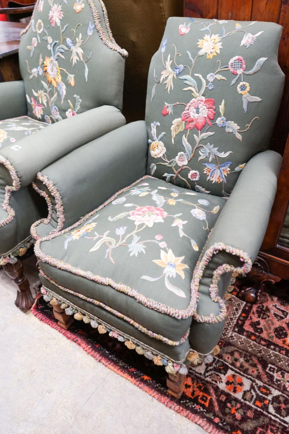 Two armchairs with shaped backs, each upholstered in green with embroidered flowers, on shaped cross - Image 3 of 4