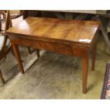 A 19th century Continental walnut rectangular tea table with folding top, (cut down), width 89cm,