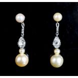 A pair of yellow and white metal, cultured pearl and pearl cut diamond set drop earrings, 37mm,