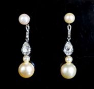 A pair of yellow and white metal, cultured pearl and pearl cut diamond set drop earrings, 37mm,