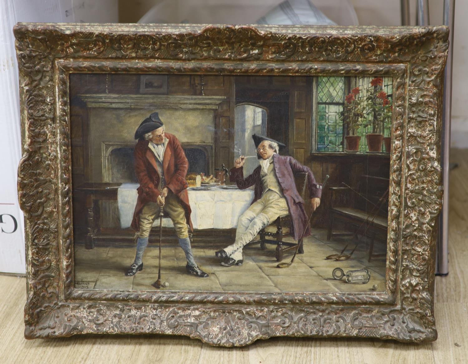 Frank Moss Bennett (1874-1952), oil on canvas, Georgian interior with golfers, signed and dated - Image 2 of 3