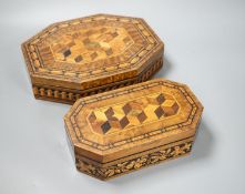 A Tunbridge ware perspective cube marquetry Hungarian ash sewing box by Edmund Nye, 27 cm and a