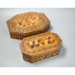 A Tunbridge ware perspective cube marquetry Hungarian ash sewing box by Edmund Nye, 27 cm and a
