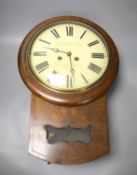 A 19th century mahogany cased 8 day drop dial wall clock, painted wood convex dial, F.