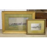 Circle of Thomas Bush Hardy, two watercolours, View of a town and Swiss lake scene, both bear