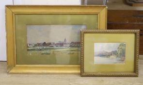 Circle of Thomas Bush Hardy, two watercolours, View of a town and Swiss lake scene, both bear
