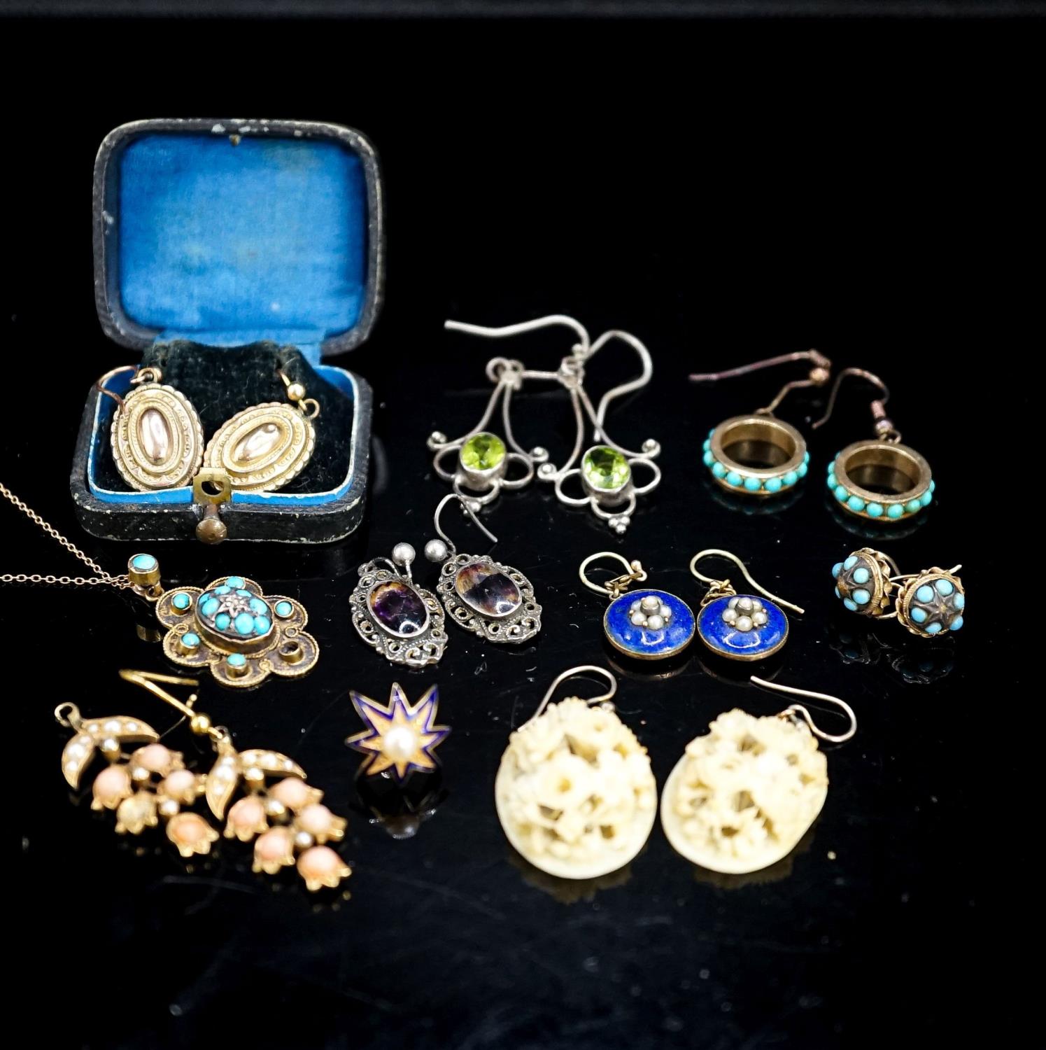 Eight assorted pairs of Victorian and later earrings including yellow metal and coral set, one odd