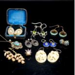 Eight assorted pairs of Victorian and later earrings including yellow metal and coral set, one odd