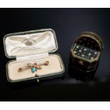 An Edwardian yellow metal and gem set bee brooch, 32mm and an SJ Philips ring box.