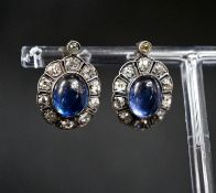 A pair of 19th century gold and silver, cabochon sapphire? and diamond set oval cluster earrings,