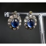 A pair of 19th century gold and silver, cabochon sapphire? and diamond set oval cluster earrings,