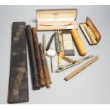 Various rules, protractors, cased spirit level etc, also to include various fountain pens, pencils