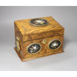 A Victorian olive wood and Ashford pietra dura mounted stationary box, retailed by Payne & Son,