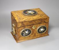 A Victorian olive wood and Ashford pietra dura mounted stationary box, retailed by Payne & Son,