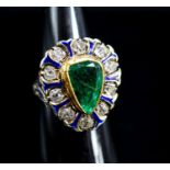 A 14k, emerald, diamond and enamel set pear shaped cluster ring, size Q, gross weight 8.3 grams.