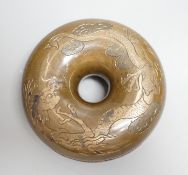 A Japanese silver inlaid bronze horse bell, Meiji period, diameter 9cm