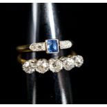 An 18ct and five stone diamond ring and a similar sapphire and diamond ring (now soldered together),