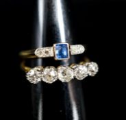 An 18ct and five stone diamond ring and a similar sapphire and diamond ring (now soldered together),