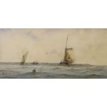 Richard Markes (1875-1920), watercolour, Fishing boats and steamer along the coast, initialled, 15 x