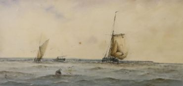 Richard Markes (1875-1920), watercolour, Fishing boats and steamer along the coast, initialled, 15 x