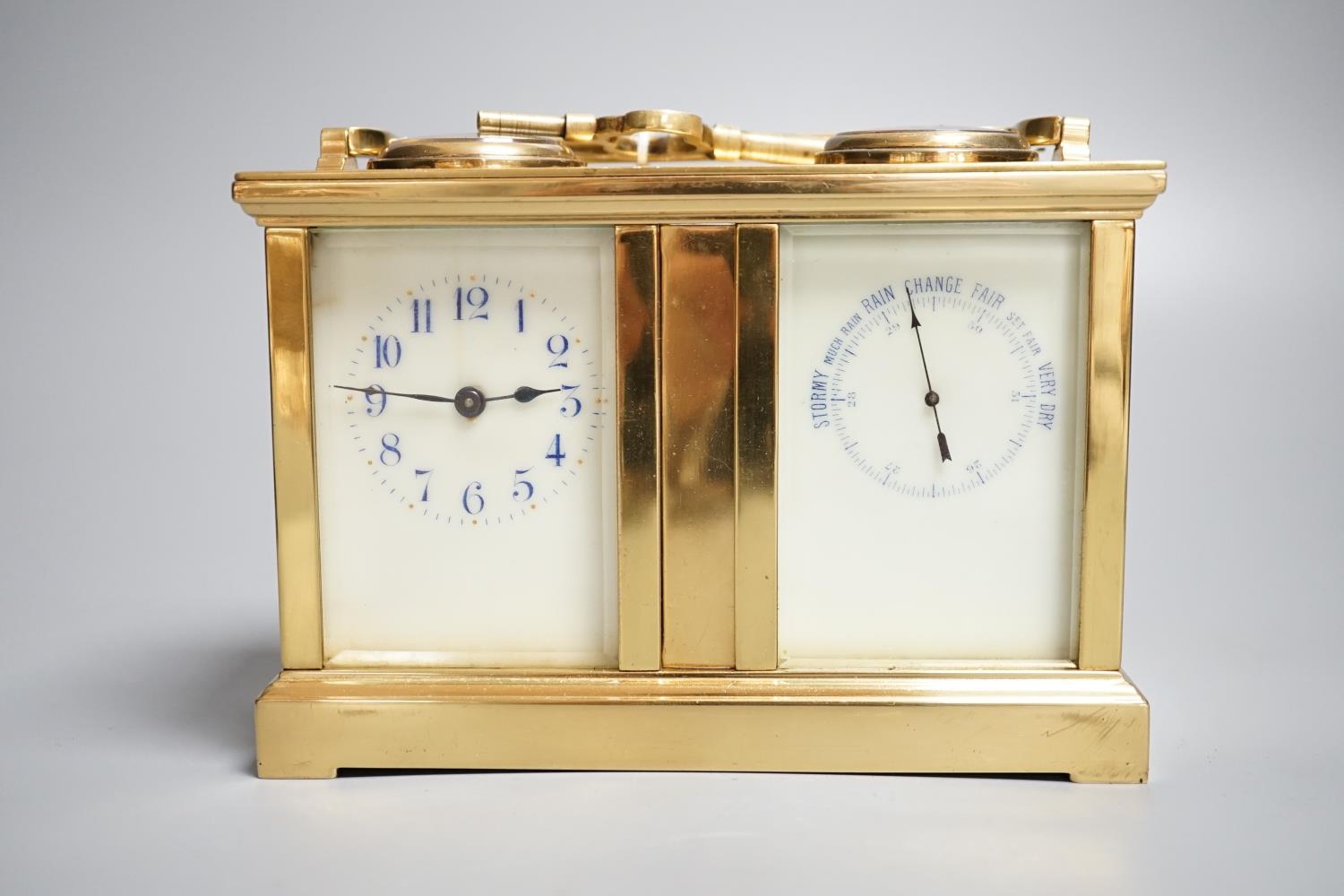 A late 19th century French brass cased eight day timepiece, combined barometer/compass, heighg 11cm