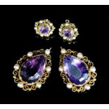 A pair of yellow metal and split pearl mounted pear cut amethyst pendants, 35mm and a pair of