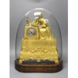 A 19th century French ormolu mantel clock (lacking pendulum), under glass dome and marquetry