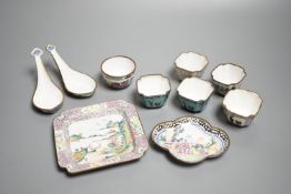 Nine pieces of Chinese Canton enamel wares, Qianlong period, including two enamel dishes, two rice